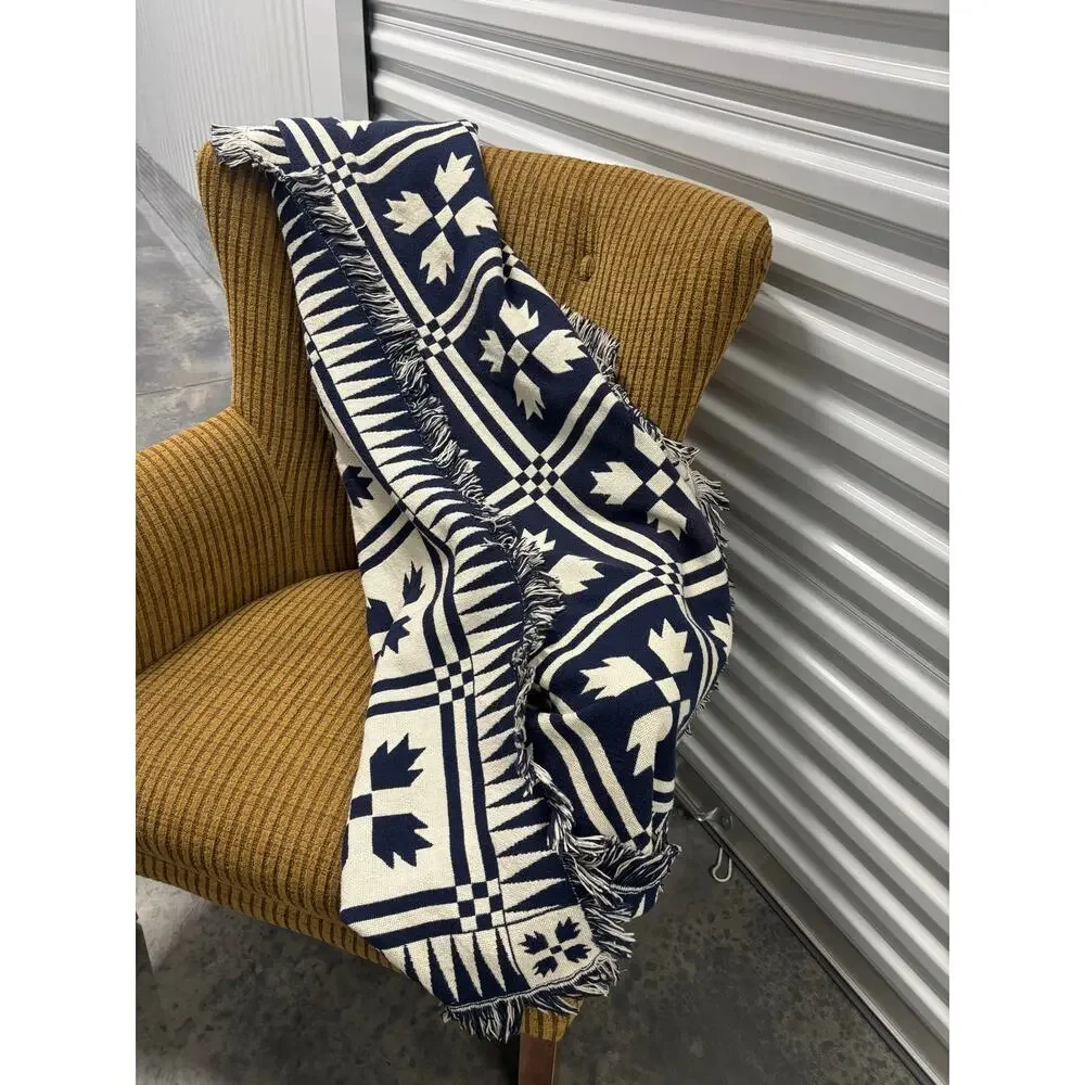Woven Throw Blanket 72x50 Navy Cream Geometric Fringe Boho Farmhouse Decor